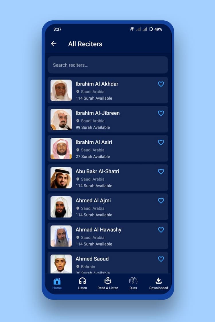 250+ Reciters Audio Selection Screen